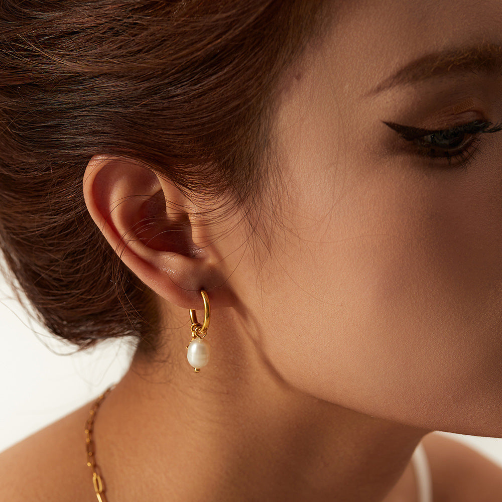 Celeste Freshwater Pearl Star Hoop Earrings-Gold Stainless Steel