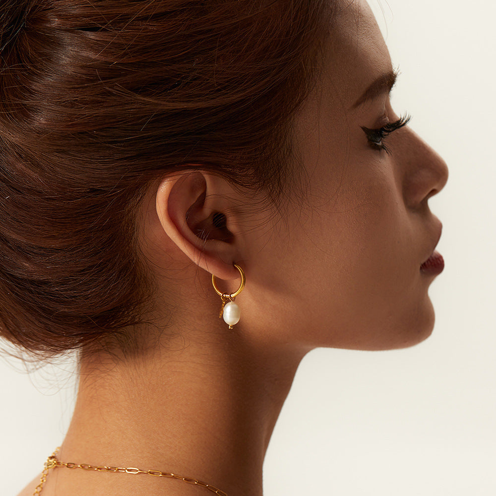 Celeste Freshwater Pearl Star Hoop Earrings-Gold Stainless Steel