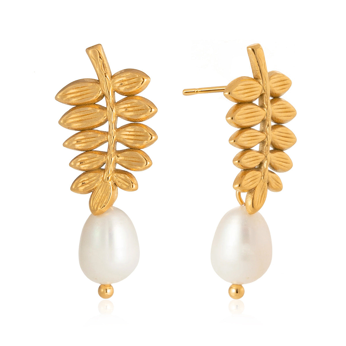 Elara Leaf Freshwater Pearl Earrings-18K Gold Stainless Steel
