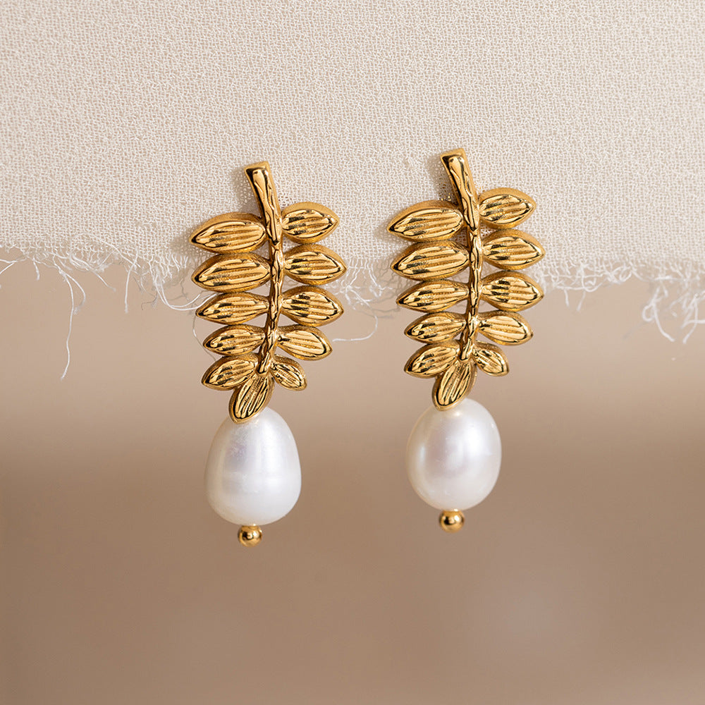 Elara Leaf Freshwater Pearl Earrings-18K Gold Stainless Steel