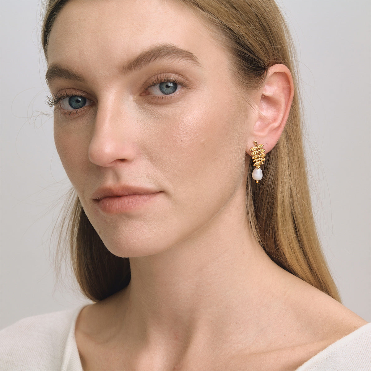 Elara Leaf Freshwater Pearl Earrings-18K Gold Stainless Steel