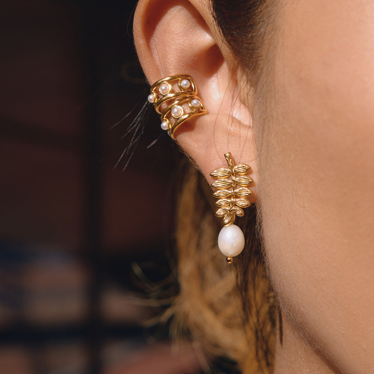 Elara Leaf Freshwater Pearl Earrings-18K Gold Stainless Steel