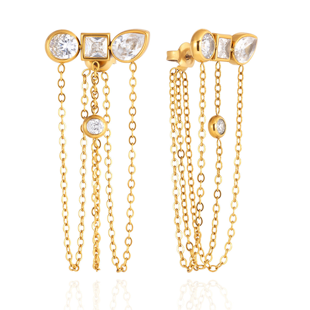 Aurora Asymmetrical Zircon Tassel Earrings-18K Gold Stainless Steel