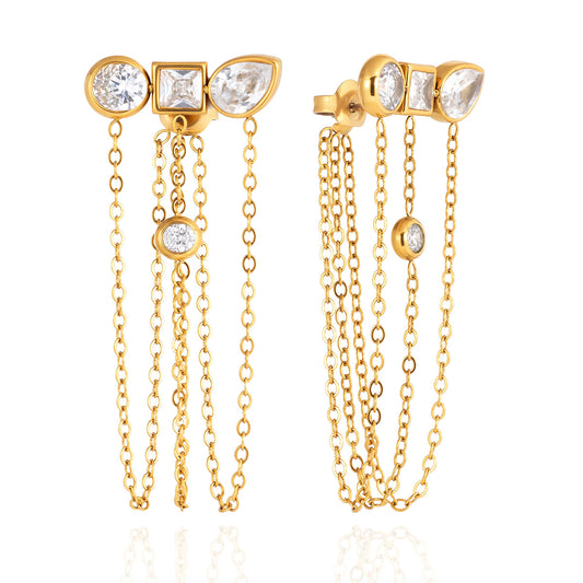 Aurora Asymmetrical Zircon Tassel Earrings-18K Gold Stainless Steel