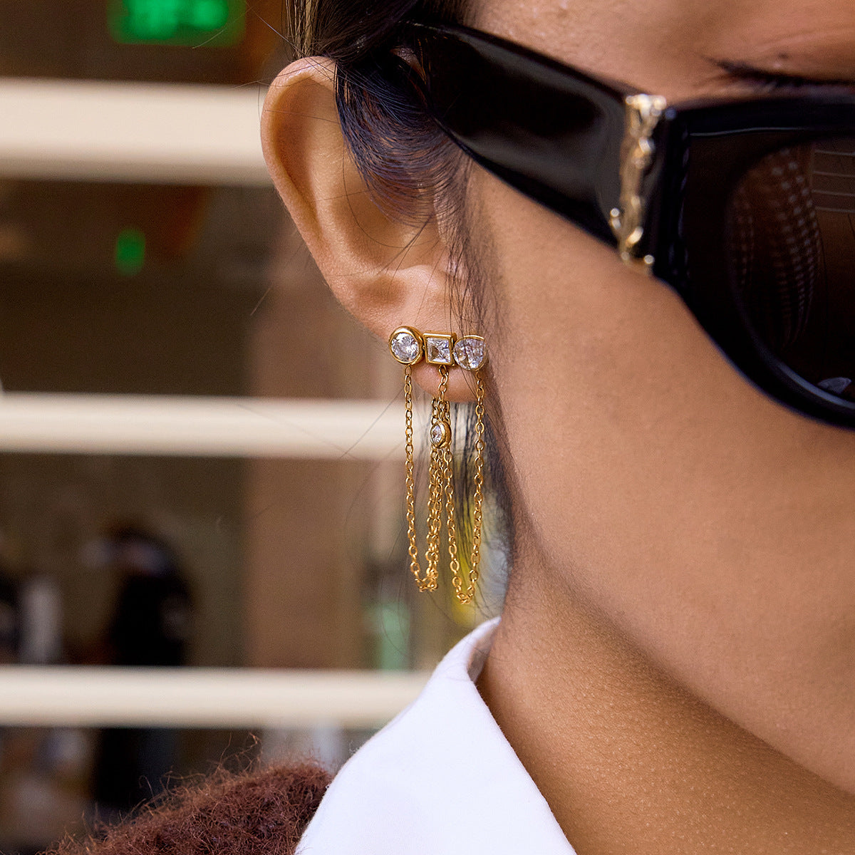 Aurora Asymmetrical Zircon Tassel Earrings-18K Gold Stainless Steel