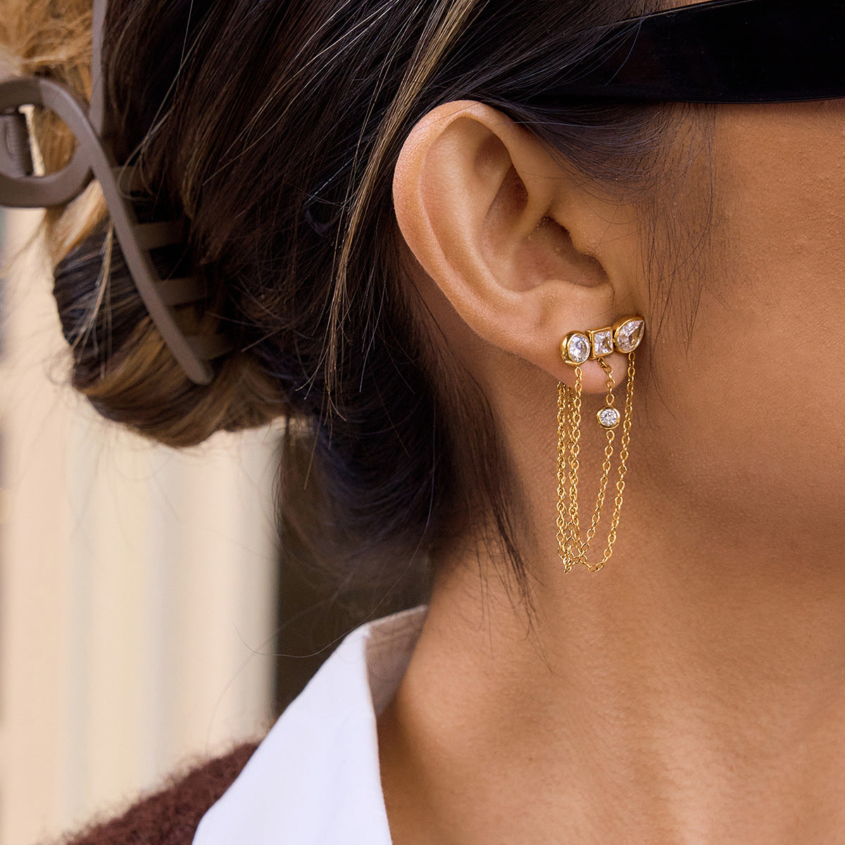 Aurora Asymmetrical Zircon Tassel Earrings-18K Gold Stainless Steel