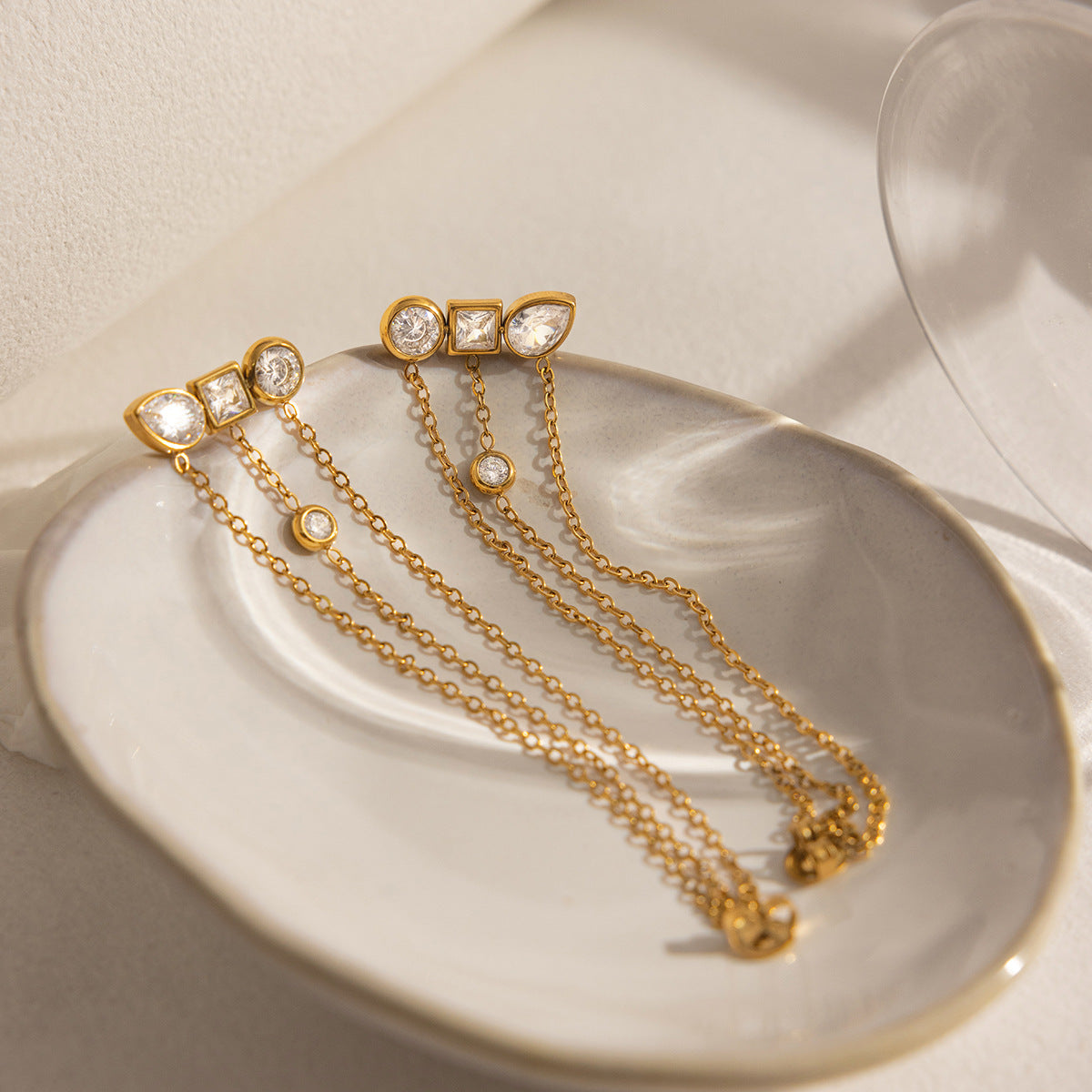 Aurora Asymmetrical Zircon Tassel Earrings-18K Gold Stainless Steel