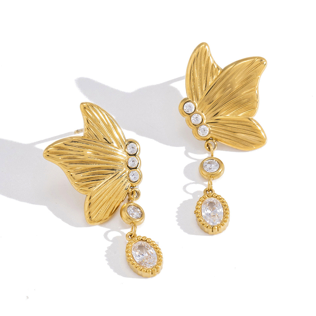 Designer 18K Gold Stainless Steel Zircon Butterfly Earrings