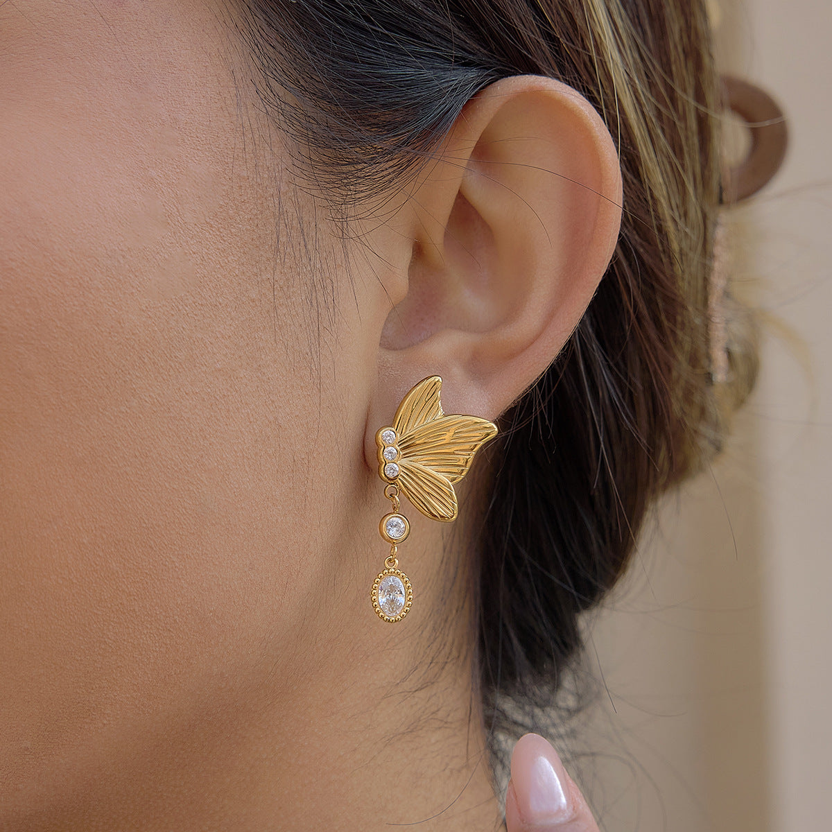 Designer 18K Gold Stainless Steel Zircon Butterfly Earrings