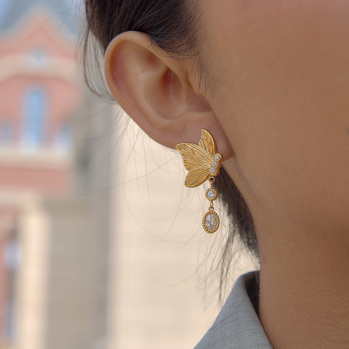 Designer 18K Gold Stainless Steel Zircon Butterfly Earrings
