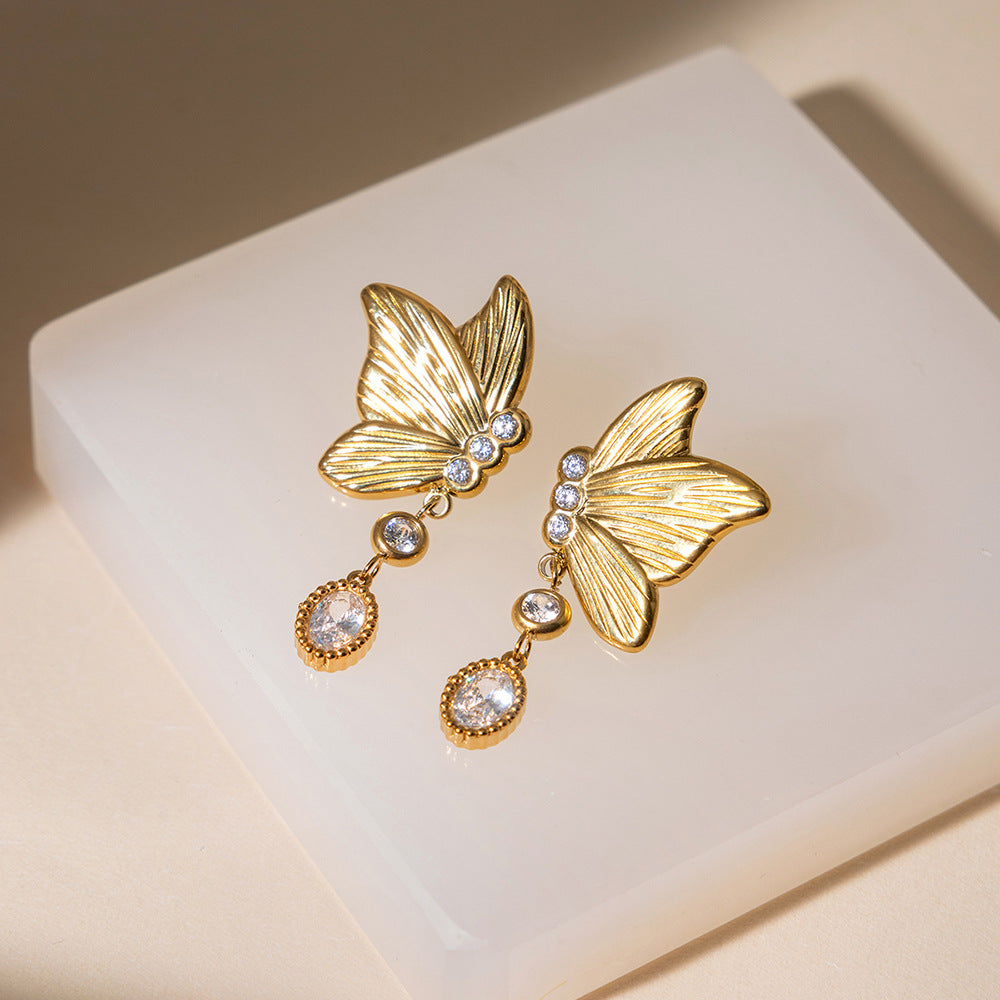 Designer 18K Gold Stainless Steel Zircon Butterfly Earrings