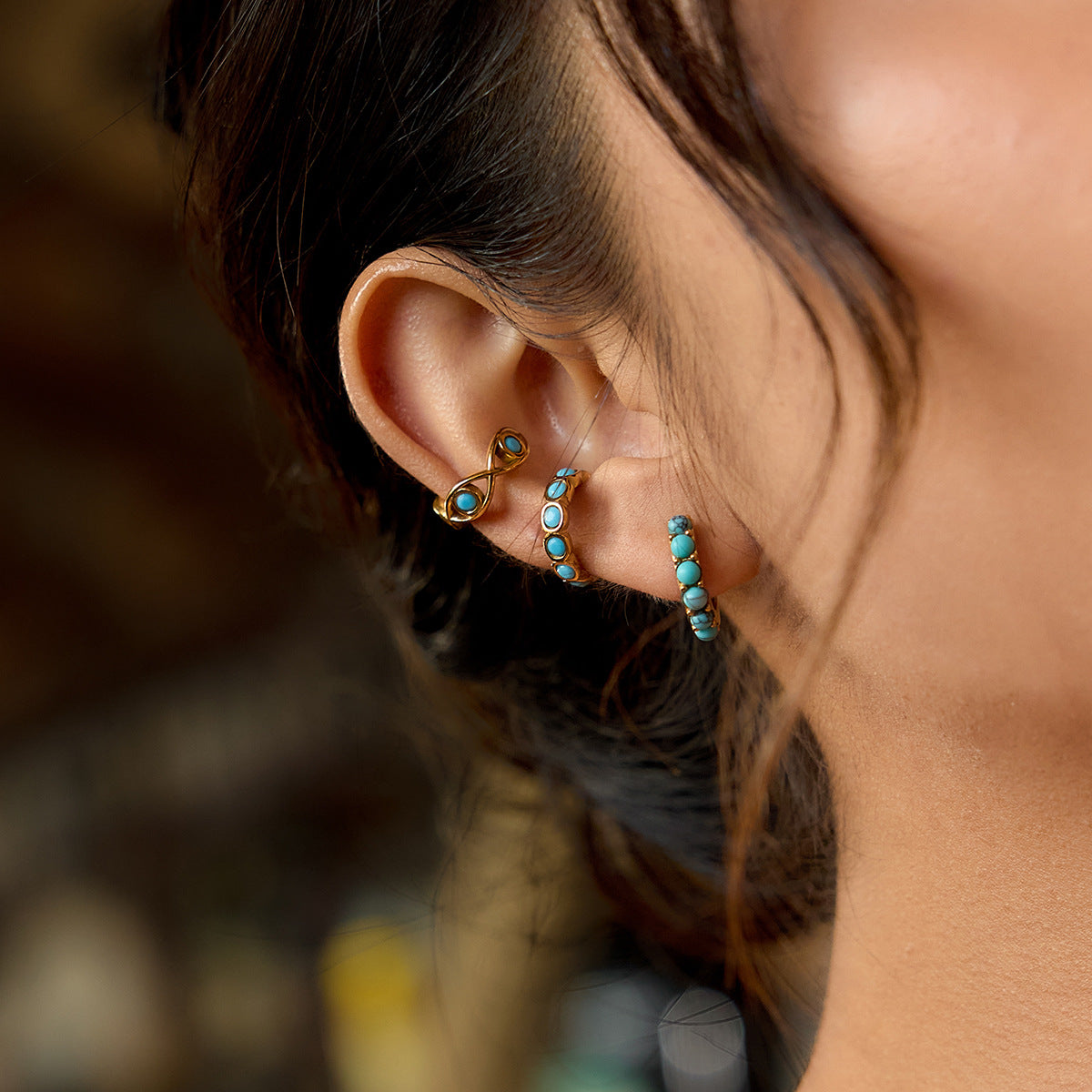 Vintage Blue Turquoise Clip-On Earrings-18K Gold Stainless Steel