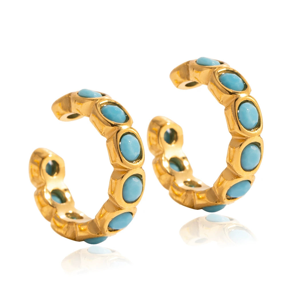 Vintage Blue Turquoise Clip-On Earrings-18K Gold Stainless Steel