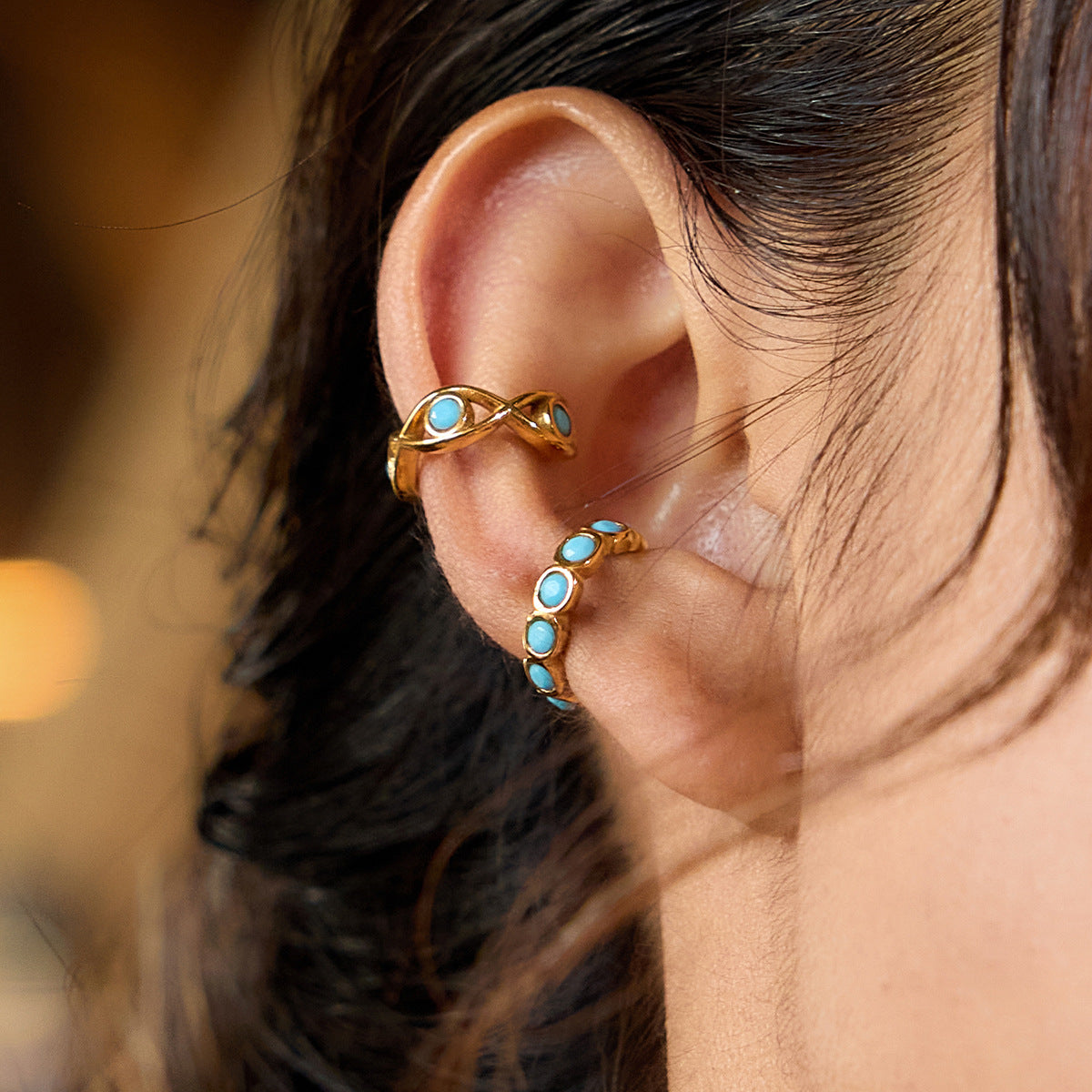 Vintage Blue Turquoise Clip-On Earrings-18K Gold Stainless Steel
