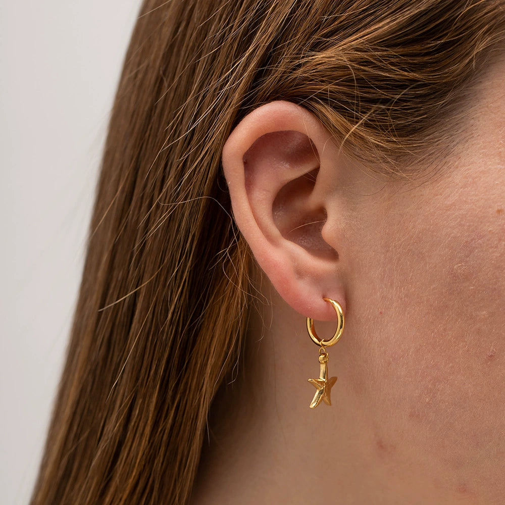 French Vintage Starfish Pendant Earrings 18K Gold Stainless Steel