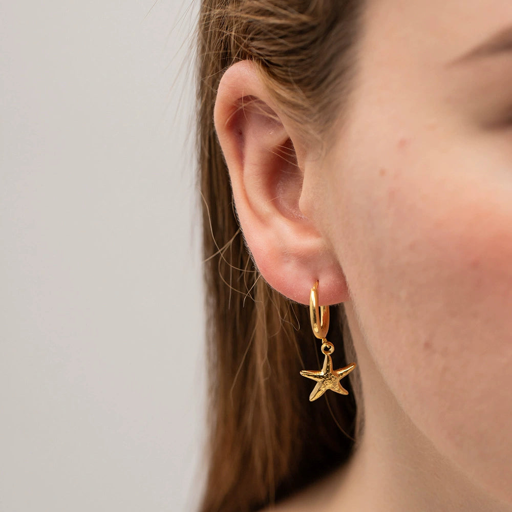 French Vintage Starfish Pendant Earrings 18K Gold Stainless Steel