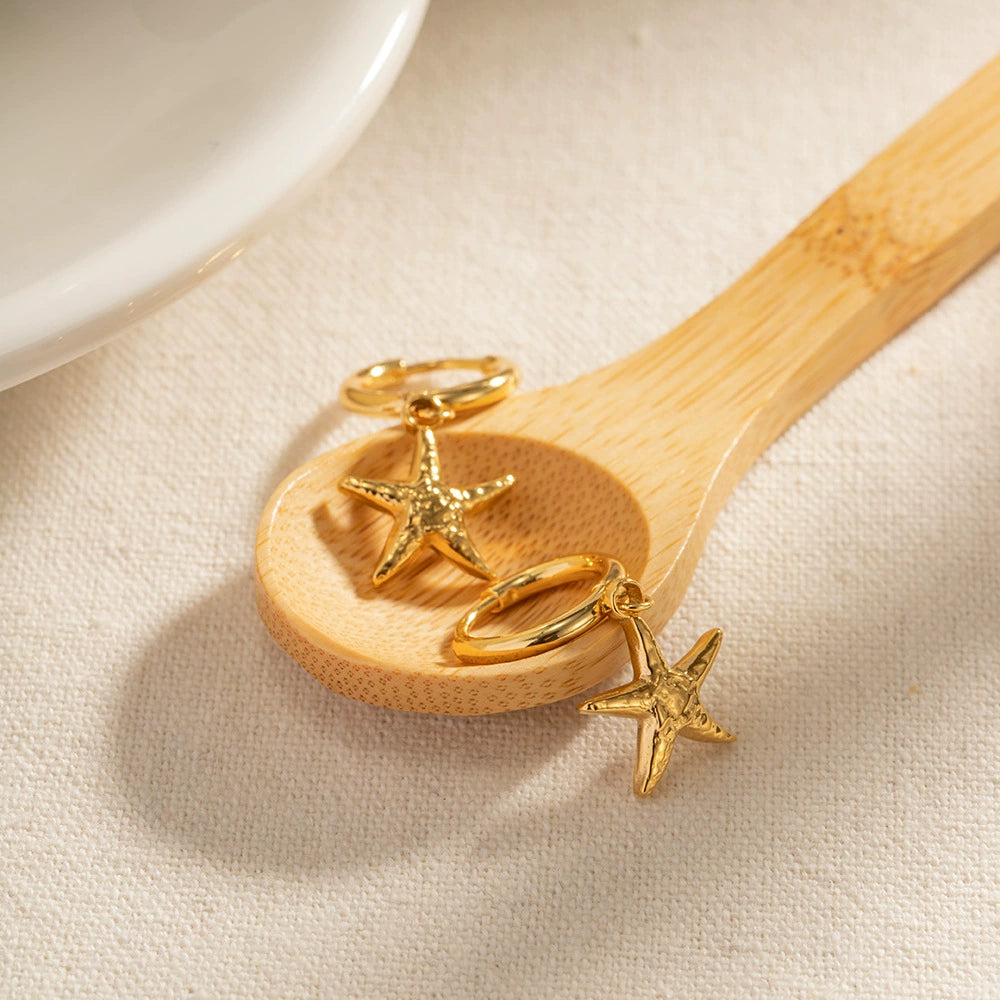 French Vintage Starfish Pendant Earrings 18K Gold Stainless Steel