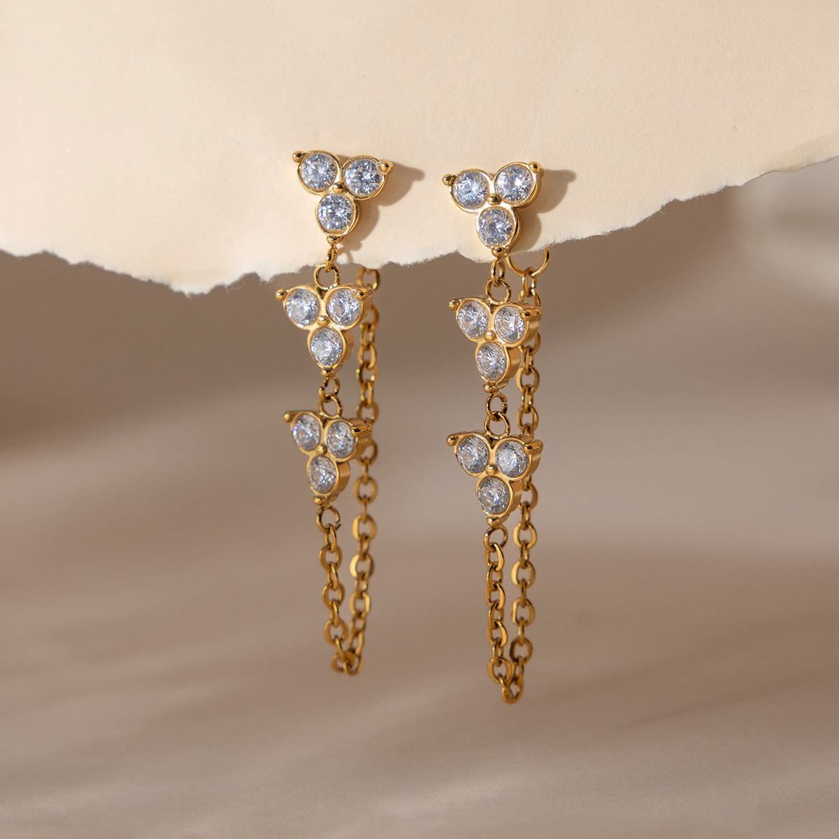 Minimalist White Zircon Floral Drop Earrings – 18K Gold Tone Elegance