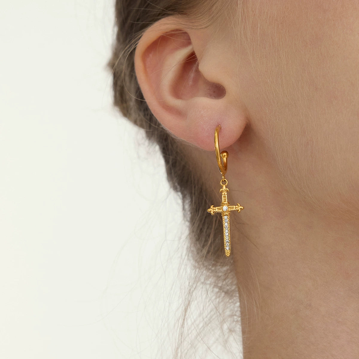 18K Gold Stainless Steel Cross Earrings for Women