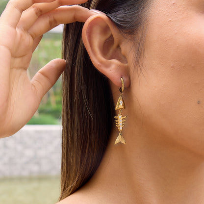 Tropical Chic Gold Fishbone Pendant Earrings