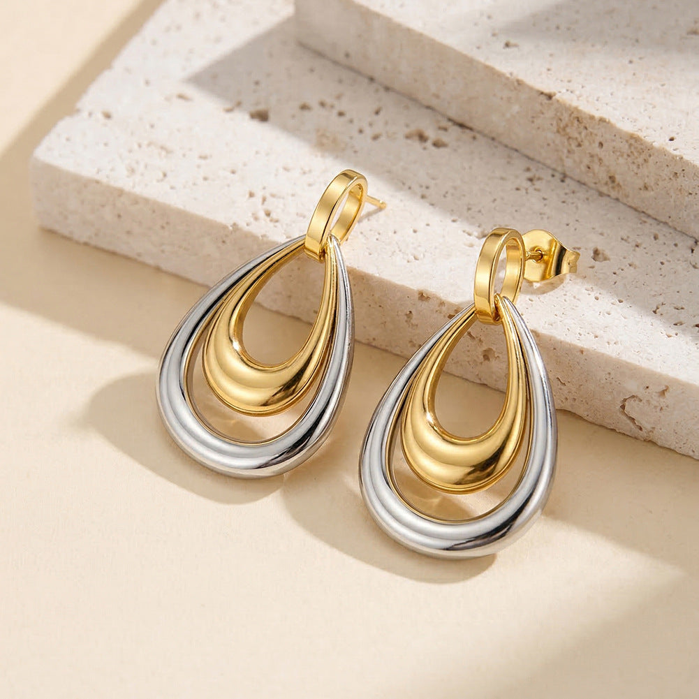 Noir & Lumi Geometric Teardrop Earrings-Stainless Steel Two-Tone