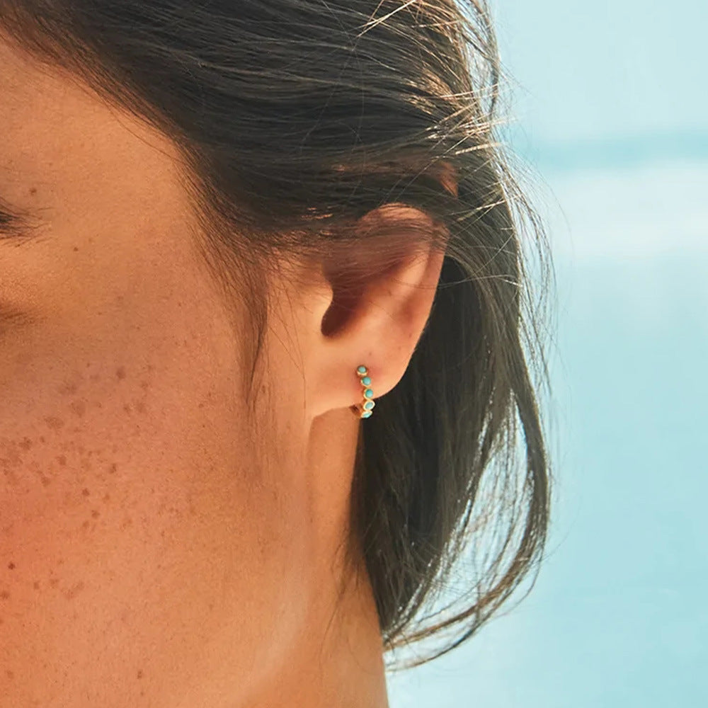 Turquoise Halo Hoop Earrings-S925 Sterling Silver