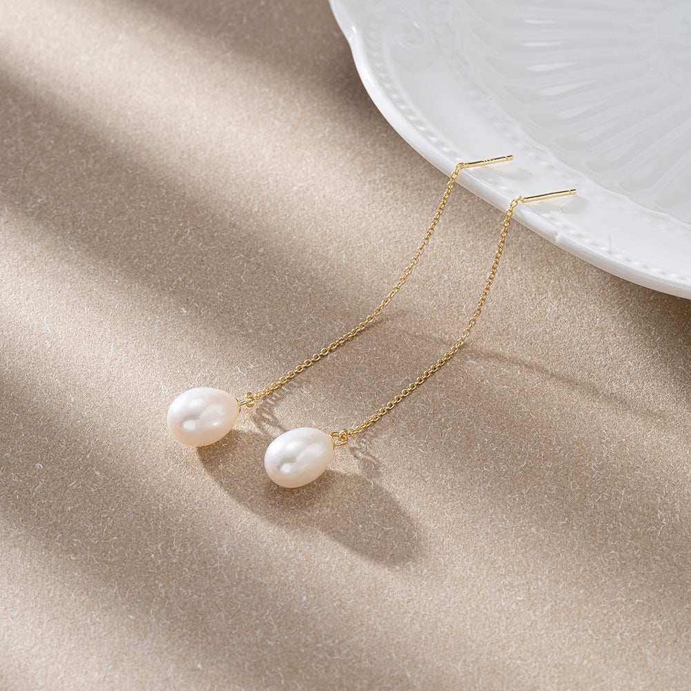 Élise Pearl Drop Threader Earrings – 925 Sterling Silver French Elegance