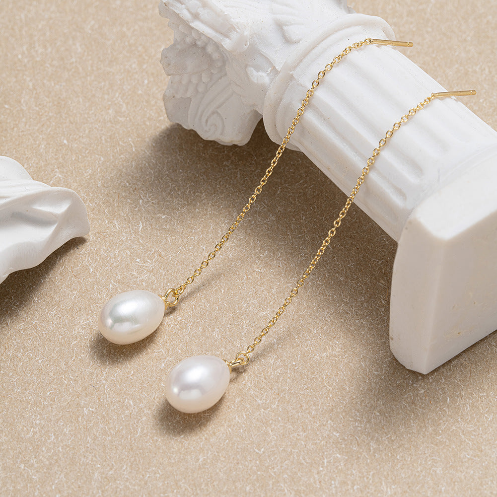 Élise Pearl Drop Threader Earrings – 925 Sterling Silver French Elegance