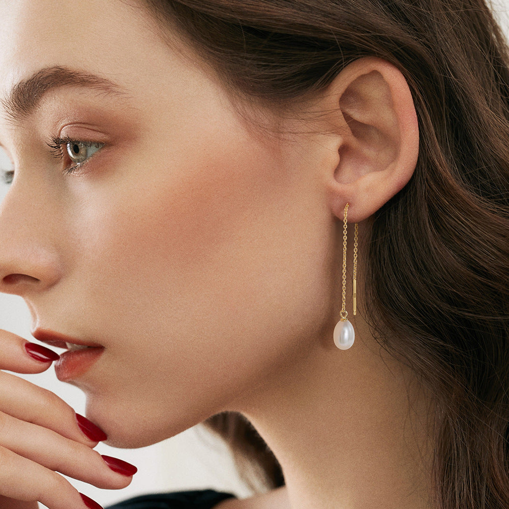 Élise Pearl Drop Threader Earrings – 925 Sterling Silver French Elegance