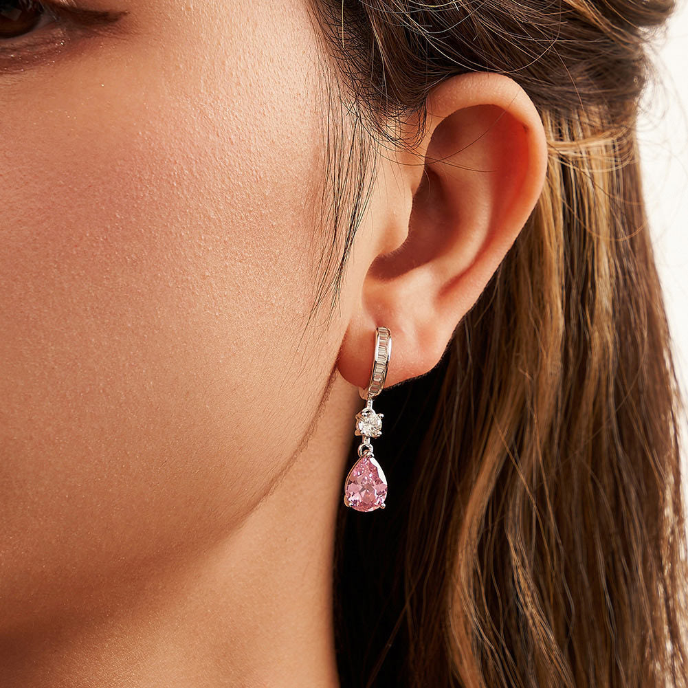 Rosalie Pink Pear Zircon Drop Hoop Earrings-925 Sterling Silver