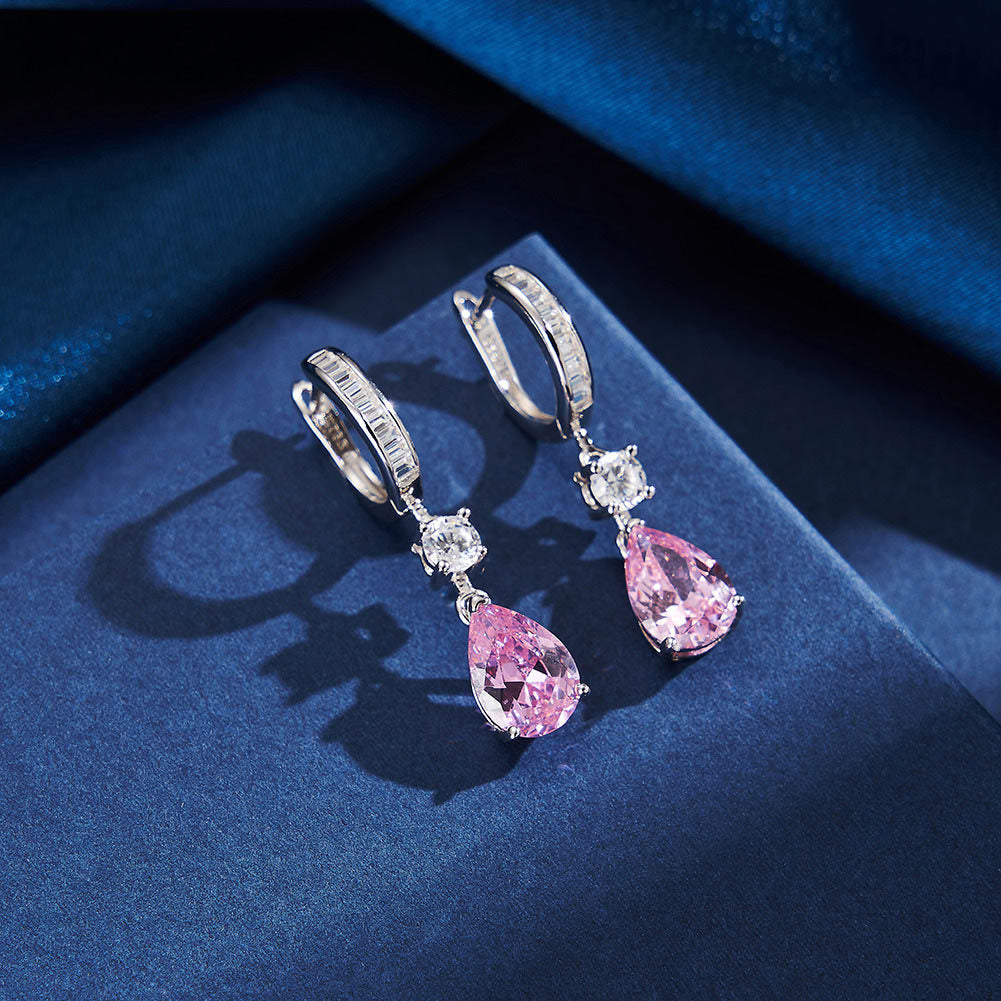 Rosalie Pink Pear Zircon Drop Hoop Earrings-925 Sterling Silver