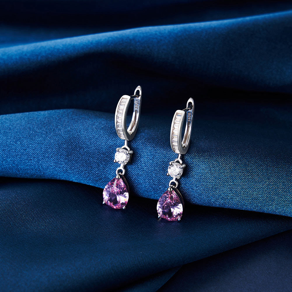 Rosalie Pink Pear Zircon Drop Hoop Earrings-925 Sterling Silver