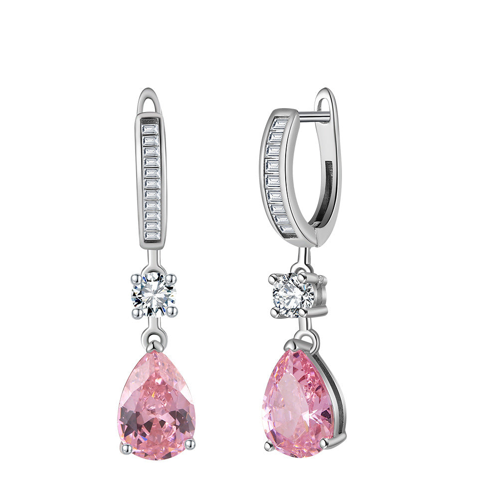 Rosalie Pink Pear Zircon Drop Hoop Earrings-925 Sterling Silver