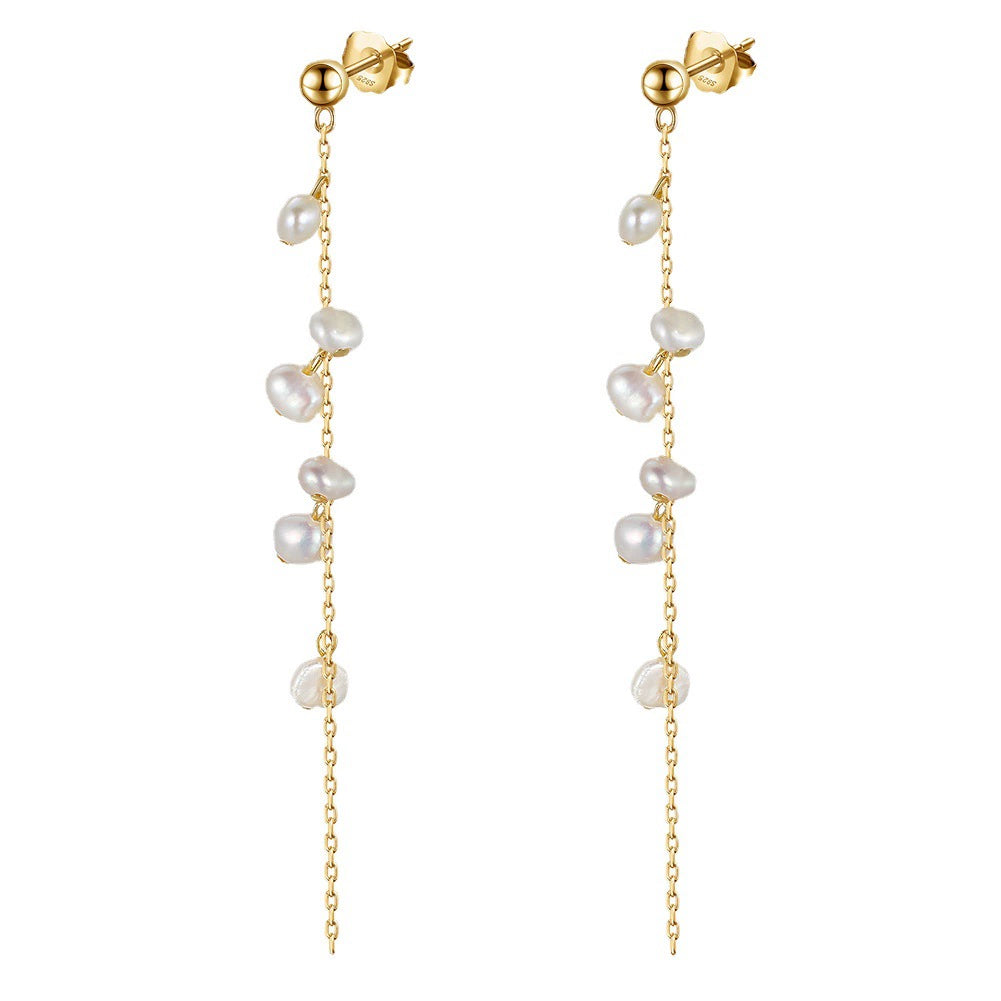 Elara Baroque Pearl Threader Earrings-925 Sterling Silver Natural Pearl Jewelry