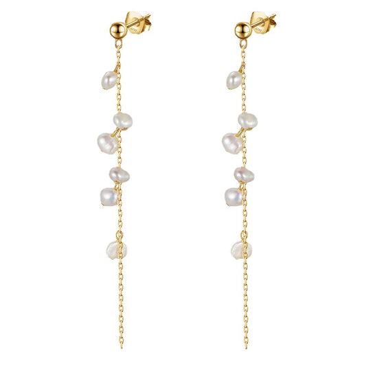 Elara Baroque Pearl Threader Earrings-925 Sterling Silver Natural Pearl Jewelry