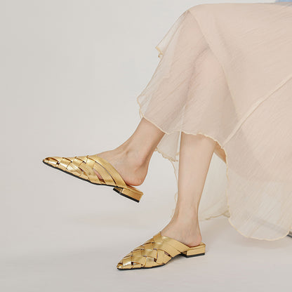 Adiffu Woven Pointed-Toe Block Heel Mules for Women