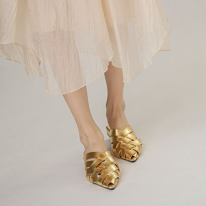 Adiffu Woven Pointed-Toe Block Heel Mules for Women