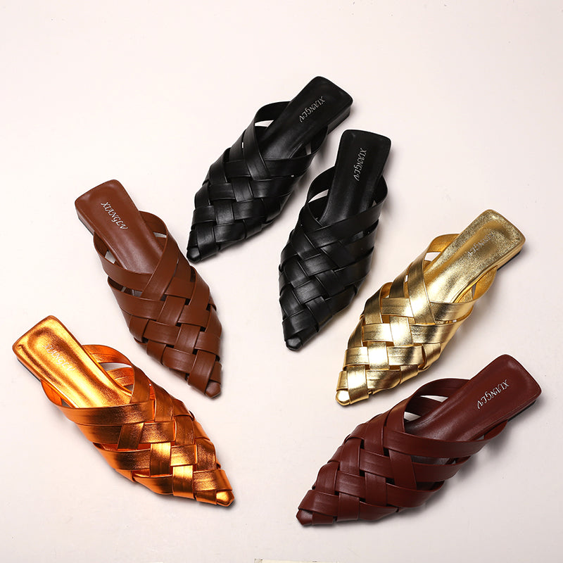 Adiffu Woven Pointed-Toe Block Heel Mules for Women