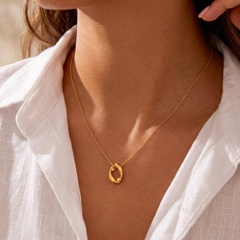 Trendy Hollow Oval Pendant Necklace-Stainless Steel Minimalist Statement Collar Chain