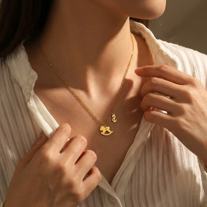 Minimalist Horse Charm Necklace - 18K Gold Stainless Steel Sweater Chain