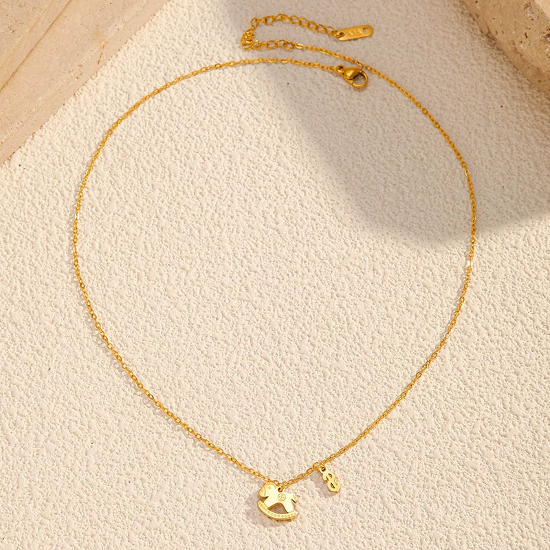 Minimalist Horse Charm Necklace - 18K Gold Stainless Steel Sweater Chain