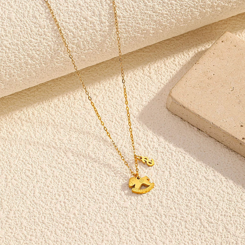 Minimalist Horse Charm Necklace - 18K Gold Stainless Steel Sweater Chain