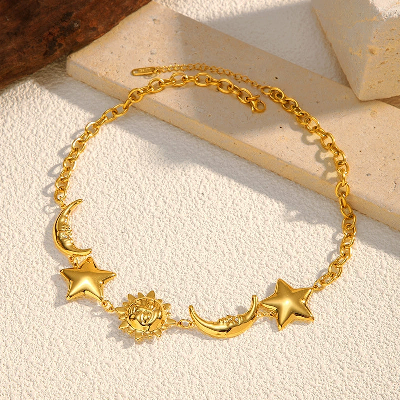 Gold Sun Moon Star Pendant Necklace - Minimalist Luxury Collar Chain