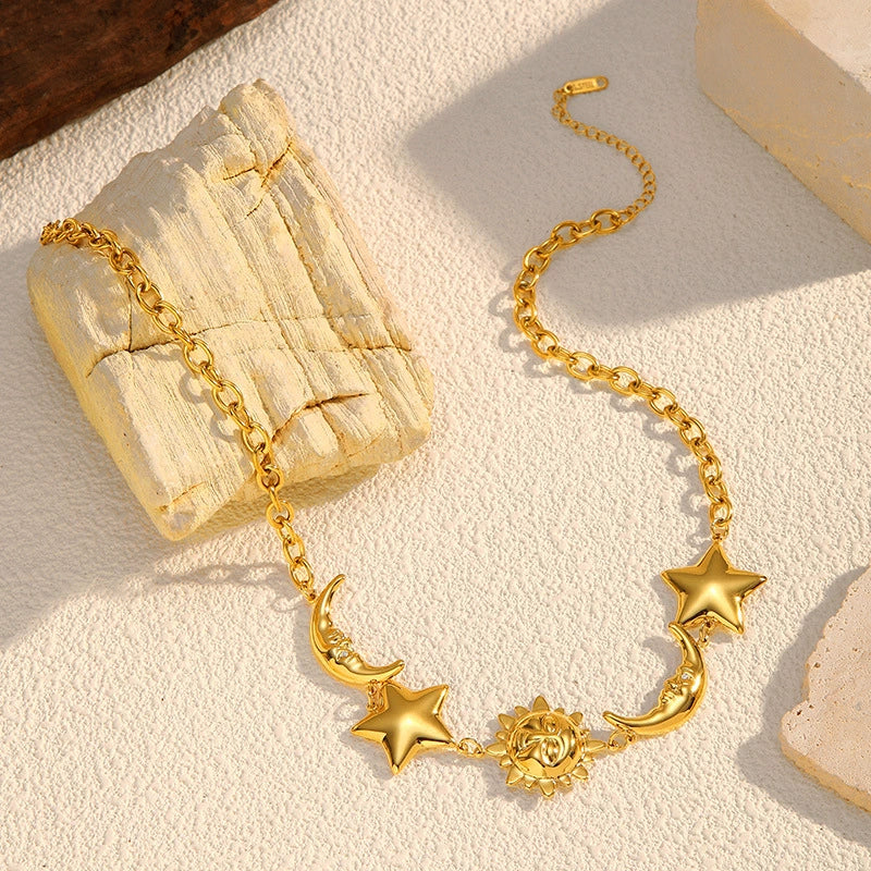 Gold Sun Moon Star Pendant Necklace - Minimalist Luxury Collar Chain