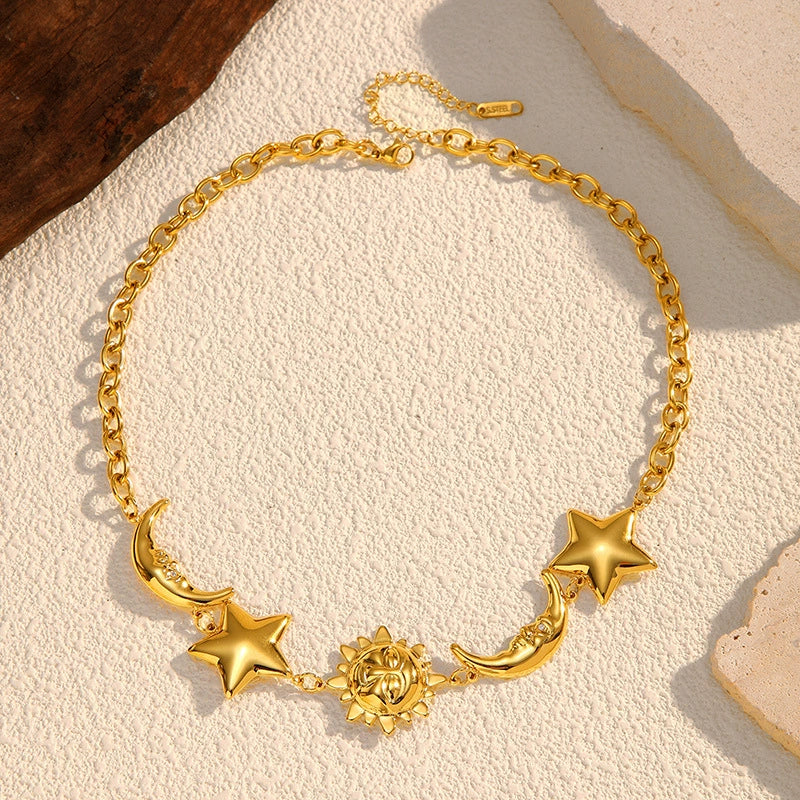 Gold Sun Moon Star Pendant Necklace - Minimalist Luxury Collar Chain
