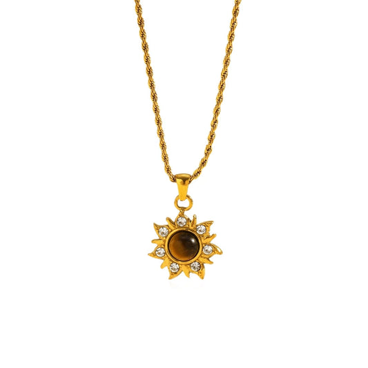 Bohemian Sunflower Tiger Eye Necklace - Elegant Gold Statement Collar Chain