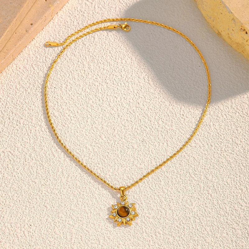 Bohemian Sunflower Tiger Eye Necklace - Elegant Gold Statement Collar Chain