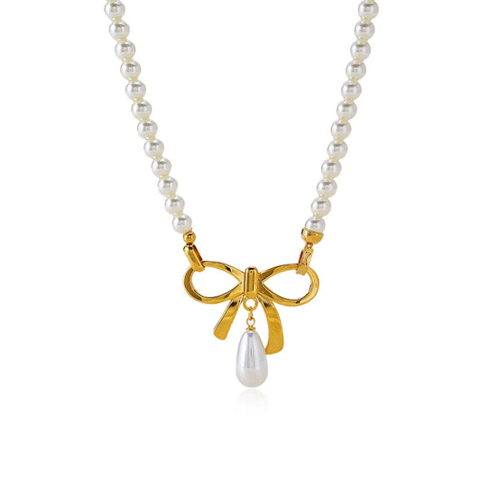 Sweet Bow Pearl Necklace - Gold Stainless Steel Statement Collar Chain