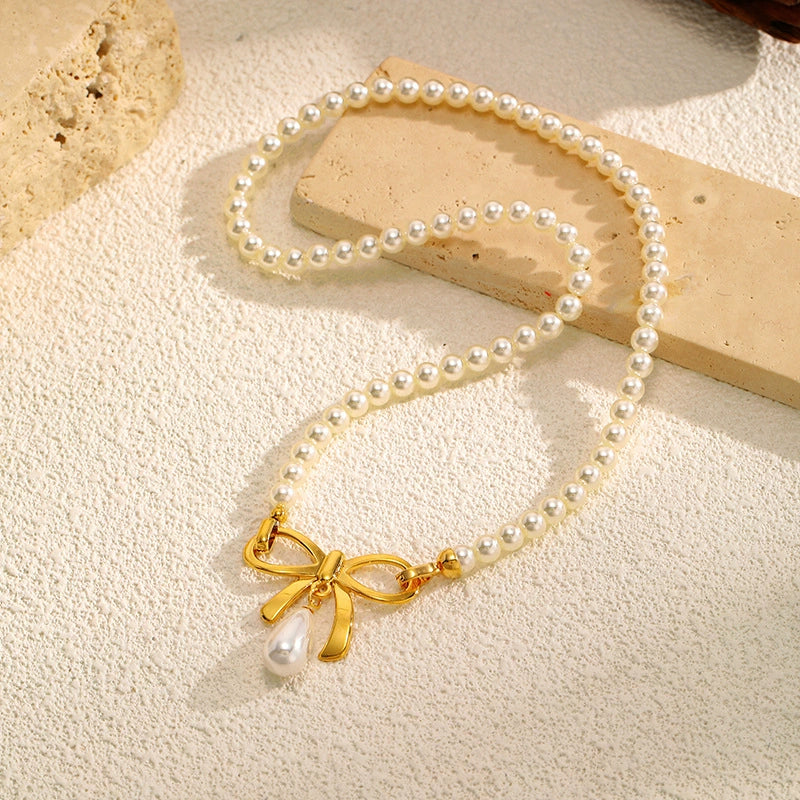 Sweet Bow Pearl Necklace - Gold Stainless Steel Statement Collar Chain