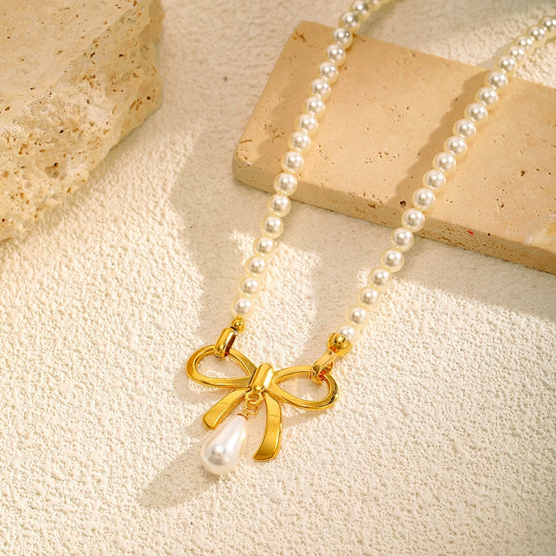 Sweet Bow Pearl Necklace - Gold Stainless Steel Statement Collar Chain